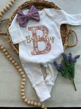 Load image into Gallery viewer, Personalized baby girl romper and hat set, vintage floral infant coming home outfit, baby shower gift, sleeper with footies, purple gold
