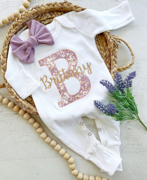 Personalized baby girl romper and hat set, vintage floral infant coming home outfit, baby shower gift, sleeper with footies, purple gold