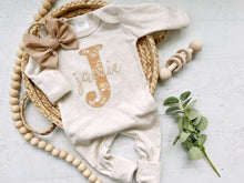 Load image into Gallery viewer, Personalized baby girl romper and hat set, vintage floral infant coming home outfit, baby shower gift, sleeper with footies, neutral beige
