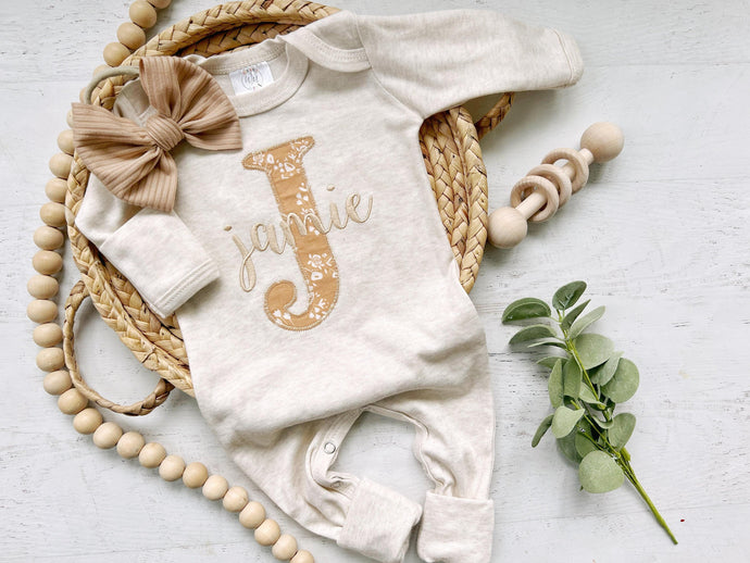 Personalized baby girl romper and hat set, vintage floral infant coming home outfit, baby shower gift, sleeper with footies, neutral beige