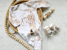 Load image into Gallery viewer, Personalized beige tan vintage stitch romper custom gender neutral coming home outfit baby boy shower gift custom name baby outfit
