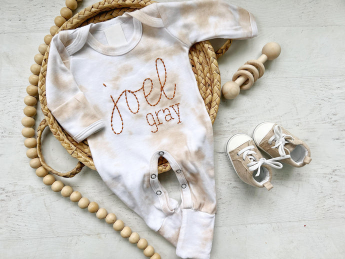 Personalized beige tan vintage stitch romper custom gender neutral coming home outfit baby boy shower gift custom name baby outfit