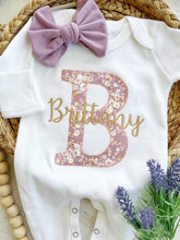 Load image into Gallery viewer, Personalized baby girl romper and hat set, vintage floral infant coming home outfit, baby shower gift, sleeper with footies, purple gold
