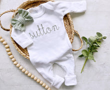 Load image into Gallery viewer, Personalized white baby romper sage green vintage stitch girl romper with bow custom girl coming home outfit baby shower gift hospital
