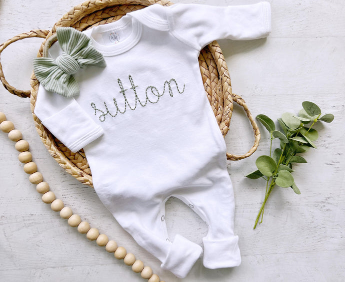 Personalized white baby romper sage green vintage stitch girl romper with bow custom girl coming home outfit baby shower gift hospital