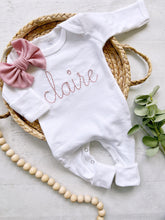 Load image into Gallery viewer, Personalized white baby romper blush vintage stitch girl romper with bow custom girl coming home outfit baby shower gift going home
