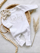 Load image into Gallery viewer, Personalized white baby romper beige vintage stitch girl romper with bow custom girl coming home outfit baby shower gift going home
