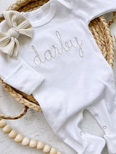 Load image into Gallery viewer, Personalized white baby romper beige vintage stitch girl romper with bow custom girl coming home outfit baby shower gift going home
