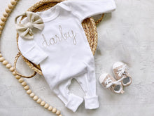 Load image into Gallery viewer, Personalized white baby romper beige vintage stitch girl romper with bow custom girl coming home outfit baby shower gift going home
