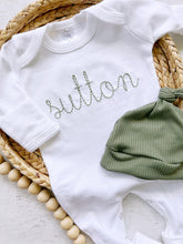 Load image into Gallery viewer, Personalized green and white vintage stitch boy romper with hat custom boy coming home outfit baby shower gift
