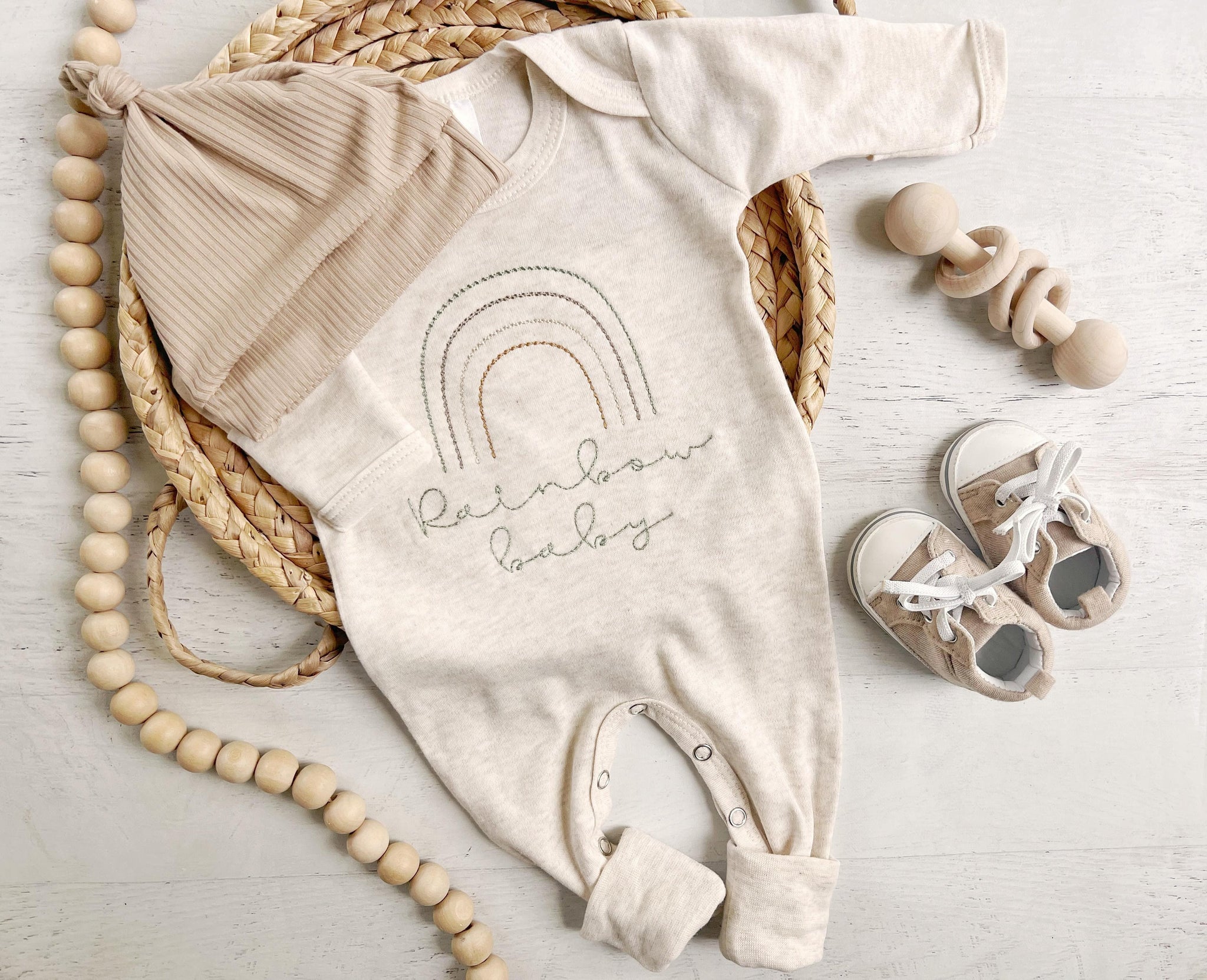 Neutral Tone Boho Baby Girl Outfit With A Sweet Muted Rainbow