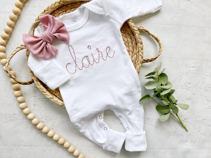 Personalized white baby romper blush vintage stitch girl romper with bow custom girl coming home outfit baby shower gift going home