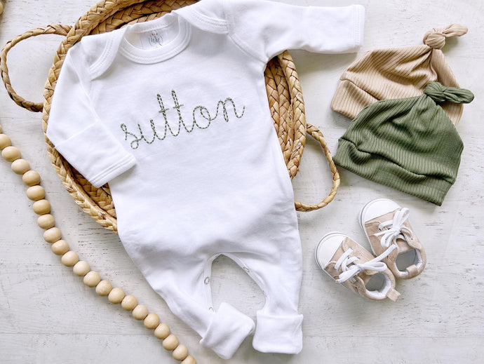 Personalized green and white vintage stitch boy romper with hat custom boy coming home outfit baby shower gift