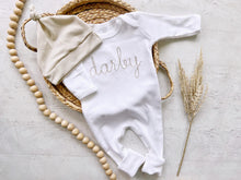 Load image into Gallery viewer, Personalized beige and white vintage stitch boy romper with hat custom boy coming home outfit baby shower gift hospital pictures family baby
