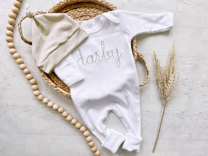 Personalized beige and white vintage stitch boy romper with hat custom boy coming home outfit baby shower gift hospital pictures family baby