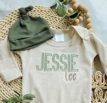 Load image into Gallery viewer, Personalized green, and beige newborn outfit, coming home outfit for baby boy, baby boy outfit, hospital outfit for boy baby woodland
