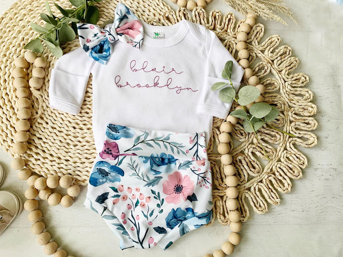 Personalized Vintage floral baby girl outfit with bummies cottagecore baby girl outfit personalized baby outfit with bows flowers blue rose