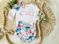 Personalized Vintage floral baby girl outfit with bummies cottagecore baby girl outfit personalized baby outfit with bows flowers blue rose