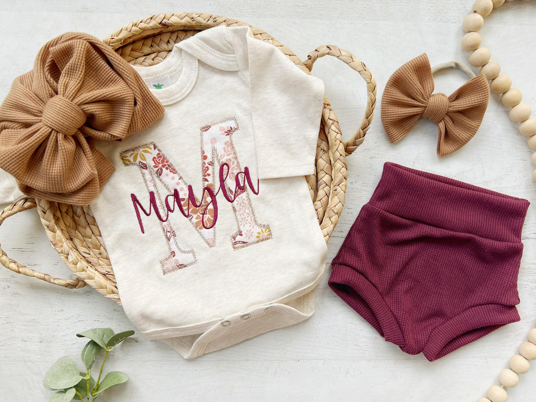 Personalized baby girl romper and hat set, vintage floral infant coming home outfit, baby shower gift, sleeper with footies, custom name