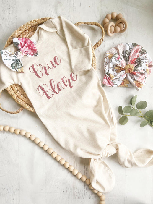 Personalized baby girl gown and bow set, custom coming home outfit for girl, baby shower gift, vintage pink floral, cottagecore baby outfit