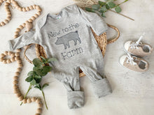 Load image into Gallery viewer, New to the farm romper, tractor coming home outfit for baby boy, farm boy sleeper hospital outfit, ranch pig farm animals sketch embroidery
