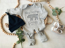 Load image into Gallery viewer, New to the farm romper, tractor coming home outfit for baby boy, farm boy sleeper hospital outfit, ranch pig farm animals sketch embroidery
