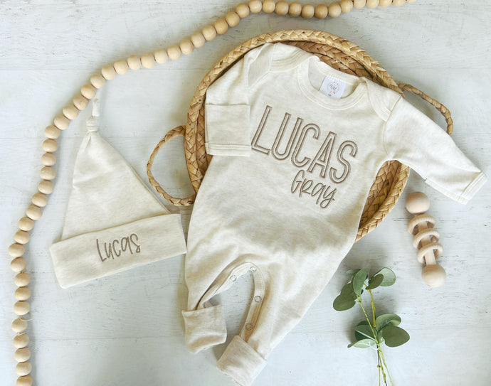 Personalized beige newborn outfit, coming home outfit for baby boy, baby boy outfit, hospital outfit for boy beige on beige monotone