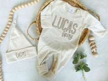 Load image into Gallery viewer, Personalized beige newborn outfit, coming home outfit for baby boy, baby boy outfit, hospital outfit for boy beige on beige monotone
