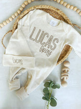 Load image into Gallery viewer, Personalized beige newborn outfit, coming home outfit for baby boy, baby boy outfit, hospital outfit for boy beige on beige monotone
