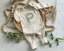 Load image into Gallery viewer, Personalized oatmeal baby romper and hat set, custom name coming home outfit, floral letter baby girl outfit, baby shower gift neutral green
