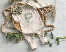 Load image into Gallery viewer, Personalized oatmeal baby romper and hat set, custom name coming home outfit, floral letter baby girl outfit, baby shower gift neutral green
