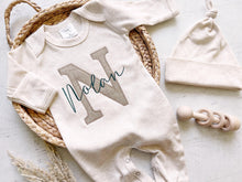 Load image into Gallery viewer, Personalized neutral baby romper and hat set, custom infant boy coming home outfit, baby shower gift, beige sleeper fall outfit autumn baby
