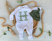 Load image into Gallery viewer, Personalized neutral baby romper and hat set, custom infant boy coming home outfit, baby shower gift, beige sleeper with footies, Sage Green
