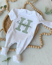 Load image into Gallery viewer, Personalized neutral baby romper and hat set, custom infant boy coming home outfit, baby shower gift, beige sleeper with footies, Sage Green
