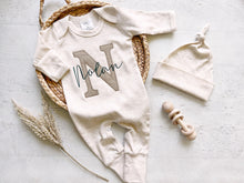 Load image into Gallery viewer, Personalized neutral baby romper and hat set, custom infant boy coming home outfit, baby shower gift, beige sleeper fall outfit autumn baby
