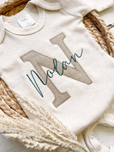 Load image into Gallery viewer, Personalized neutral baby romper and hat set, custom infant boy coming home outfit, baby shower gift, beige sleeper fall outfit autumn baby
