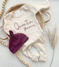 Load image into Gallery viewer, Personalized neutral baby romper and hat set, custom infant boy coming home outfit, baby shower gift, oatmeal sleeper with footies
