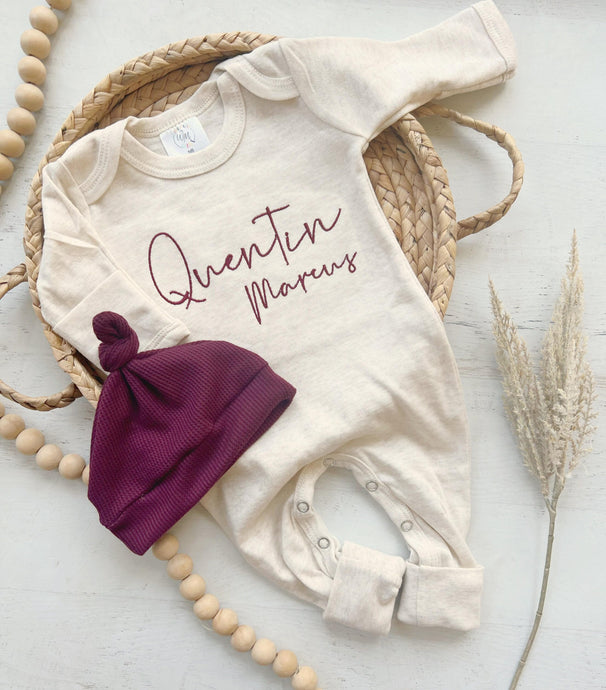 Personalized neutral baby romper and hat set, custom infant boy coming home outfit, baby shower gift, oatmeal sleeper with footies