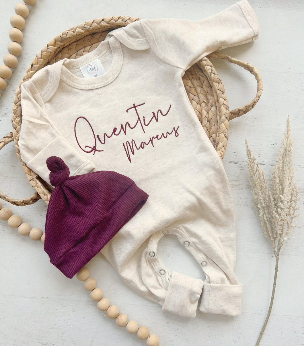 Personalized neutral baby romper and hat set, custom infant boy coming home outfit, baby shower gift, oatmeal sleeper with footies