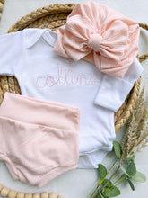 Load image into Gallery viewer, Personalized pink newborn outfit,custom name girl, coming home outfit for baby girl, baby girl outfit, hospital outfit girl baby pictures
