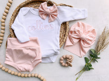 Load image into Gallery viewer, Personalized pink newborn outfit,custom name girl, coming home outfit for baby girl, baby girl outfit, hospital outfit girl baby pictures
