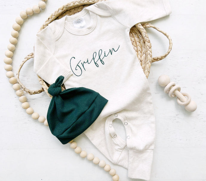 Personalized oatmeal and forest green stitch romper with hat, custom baby boy coming home outfit, baby shower gift