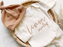 Load image into Gallery viewer, Personalized oatmeal vintage stitch romper with hat, custom baby boy coming home outfit, baby shower gift tan fall baby boy outfit
