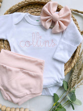 Load image into Gallery viewer, Personalized pink newborn outfit,custom name girl, coming home outfit for baby girl, baby girl outfit, hospital outfit girl baby pictures
