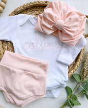 Load image into Gallery viewer, Personalized pink newborn outfit,custom name girl, coming home outfit for baby girl, baby girl outfit, hospital outfit girl baby pictures
