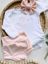 Load image into Gallery viewer, Personalized pink newborn outfit,custom name girl, coming home outfit for baby girl, baby girl outfit, hospital outfit girl baby pictures
