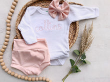 Load image into Gallery viewer, Personalized pink newborn outfit,custom name girl, coming home outfit for baby girl, baby girl outfit, hospital outfit girl baby pictures
