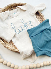 Load image into Gallery viewer, Personalized blue newborn outfit, custom name boy, coming home outfit for baby boy, baby boy outfit, hospital outfit for boy family pictures
