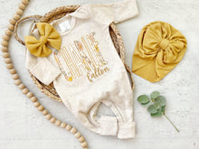 Load image into Gallery viewer, Personalized baby girl romper and bow, yellow infant girl coming home outfit custom name, baby shower gift sleeper with footies, sage green
