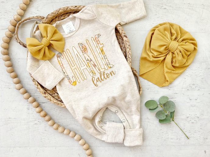 Personalized baby girl romper and bow, yellow infant girl coming home outfit custom name, baby shower gift sleeper with footies, sage green